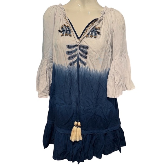 Boheme Dresses & Skirts - Bohemian Blue & White Cover Up Tunic Size Xs perfect for summer tassels on front